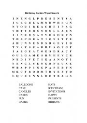 English Worksheet: Birthday Word search