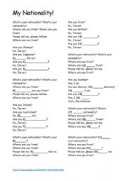 English Worksheet: Whats Your Nationality Song Gapfil