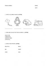 English Worksheet: English Exam Toys, Colours and Adjectives