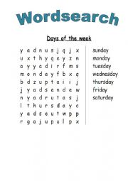 Wordsearch Days of the week