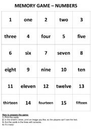English Worksheet: Memory game - Numbers