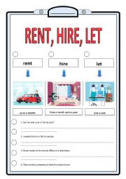 English Worksheet: rent, hire, let