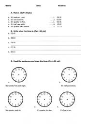 English Worksheet: Telling the time for beginner level test