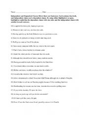 English Worksheet: Independent clauses & dependent clauses