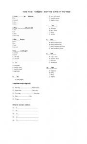 English Worksheet: VERB TO BE- NUMBERS  MONTHS- DAYS OF THE WEEK