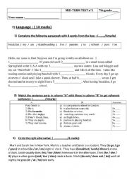English Worksheet: Mid-term test n1, 7th grade