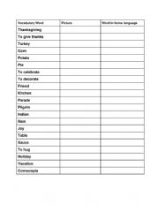 English Worksheet: Thanksgiving Vocabulary Page