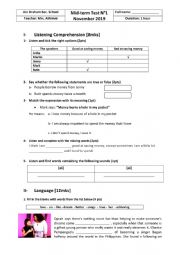 English Worksheet: 1st form - mid-term test n1