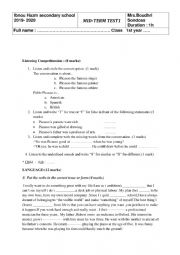 English Worksheet: first mid term test for 1st form: listening comprehension and language
