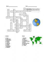 English Worksheet: Countries and capitals crossword puzzle