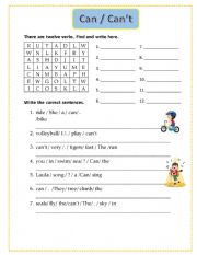 English Worksheet: can/cant ability