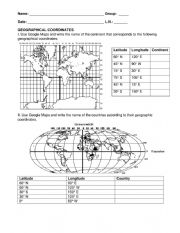 English Worksheet: Google Webquest - Geographical Coordinates and Countries