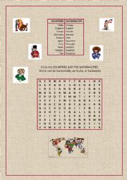 English Worksheet: COUNTRIES AND NATIONALITIES WORDSEARCH