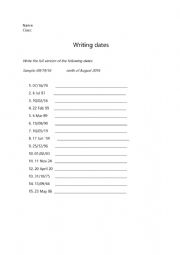 English Worksheet: Writing Dates Using Cardinal Numbers