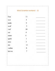 English Worksheet: Word Scramble numbers 1- 12