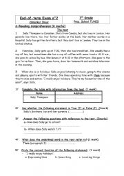 English Worksheet: end-of-term exam 7th grade Tunisian prep. school