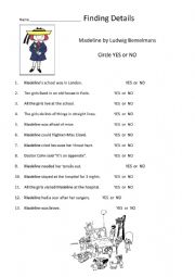 English Worksheet: Madeline Comprehension Finding Details