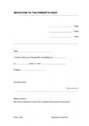 English Worksheet: INVITATION TO THE PARENT�S HOUR