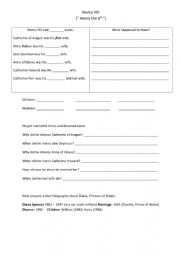 English Worksheet: Henry VIII reading writing and websearch