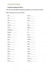 English Worksheet: Homophones with H