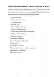 English Worksheet: Expressions of Purpose Game