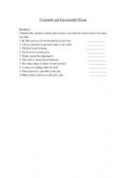 English Worksheet: Count and Uncountable noun