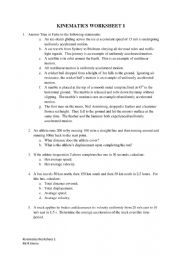 English Worksheet: Kinetematics Worksheet 1
