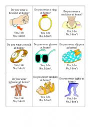 English Worksheet: clothes (go fish) with questions: do you wear ...? yes, I do/ no, I dont