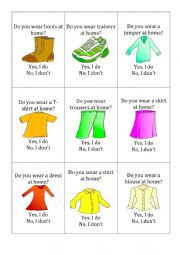 English Worksheet: clothes 2 (go fish) with questions: do you wear ...? yes, I do/ no, I dont