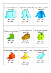 English Worksheet: clothes 3 (go fish) with questions: do you wear ...? yes, I do/ no, I dont