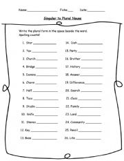 English Worksheet: Singular to Plural Nouns 