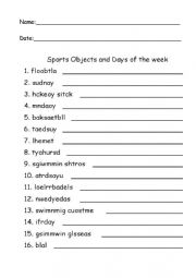 English Worksheet: WORD ORDER. Sports objects and Days