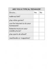 English Worksheet: Survey Typical Teenager