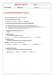 English Worksheet: Mid-Term Test N1 / 1st form