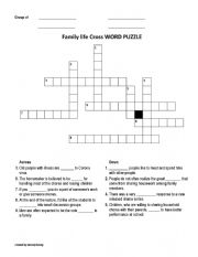 English Worksheet: Family life Cross WORD PUZZLE