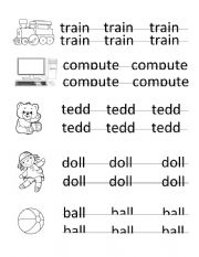 English Worksheet: practice writing toys vocab for kids