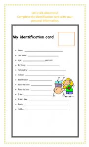 English Worksheet: MY IDENTIFICATION CARD