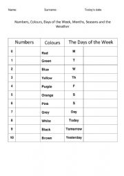 English Worksheet: Numbers Colours Days of the Week Months of the Year Seasons Weather