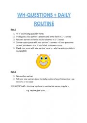 English Worksheet: WH-QUESTIONS + DAILY ROUTINE