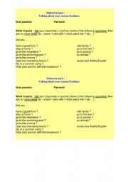 English Worksheet: Holiday and back to school pairwork