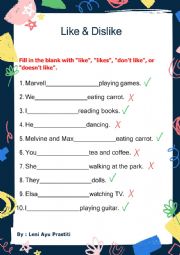 English Worksheet: Like and dislike