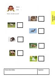 English Worksheet: First Sound of Animals� Name