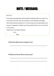 English Worksheet: Note / Message - Reading and Writing - using must and must not structures