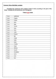 English Worksheet: Body Parts and Numbers