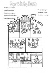 English Worksheet: COLOUR THE ROOMS