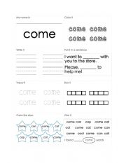 Sight words - Come - practice sheet