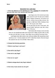 English Worksheet: Descriptive Text Lady Gaga