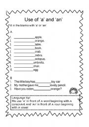 English Worksheet: Use of a and an