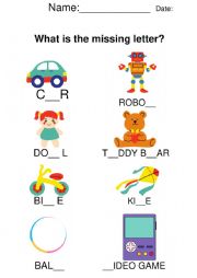 English Worksheet: Toys - Complete the missing letter