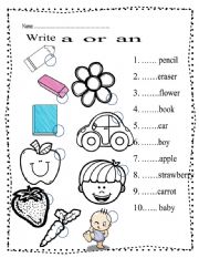 English Worksheet: articles a or an